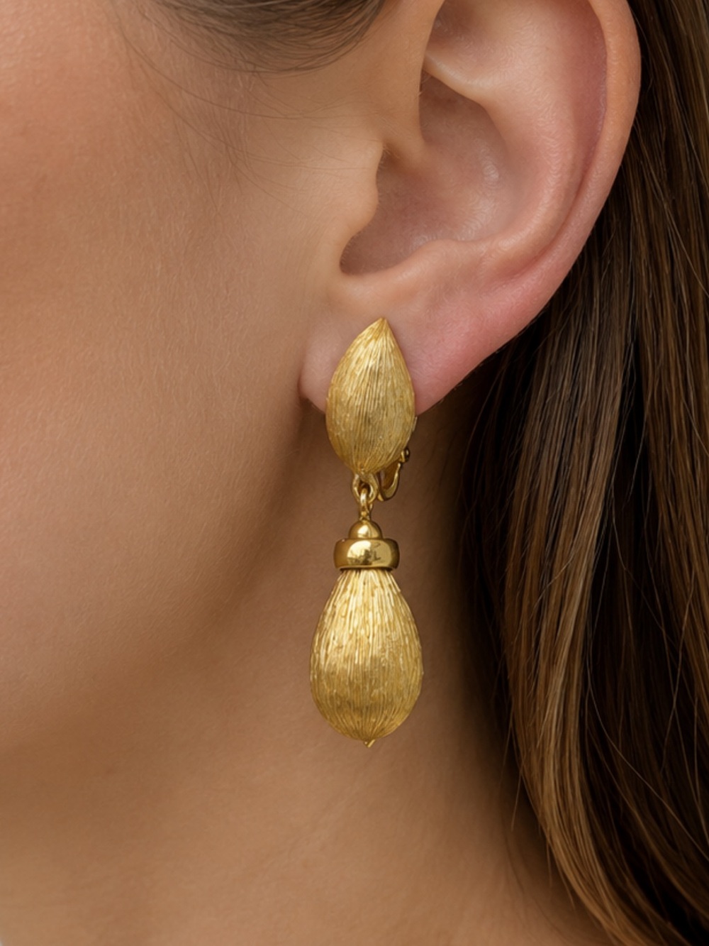 Gold Teardrop Textured Drop Earrings - Women Jewelry - marked as Kramer